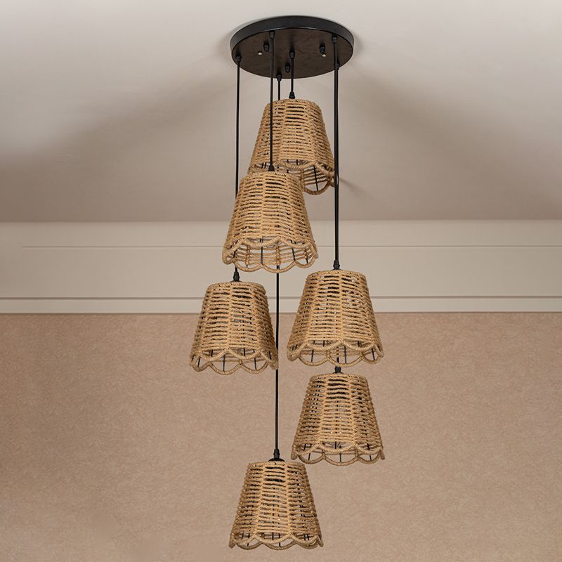 Rope Brown Pendant Lighting Scalloped-Trimmed Tapered 3/6-Head Rustic Multi Light Ceiling Light with Round/Linear Canopy