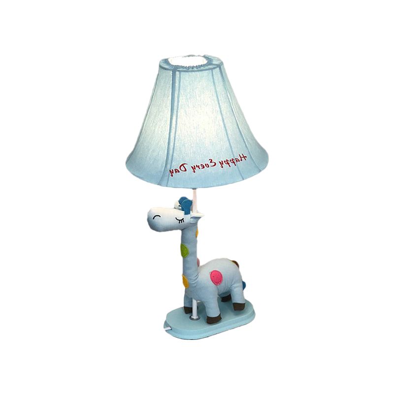 Flared Script-Print Fabric Table Lighting Kids Single-Bulb Yellow/Blue/Pink Night Lamp with Giraffe Base