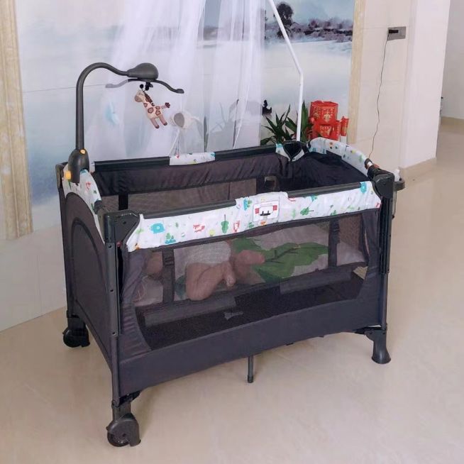 Modern Mini Folding Crib in Black 2-in-1 Convertible Crib with Mattress