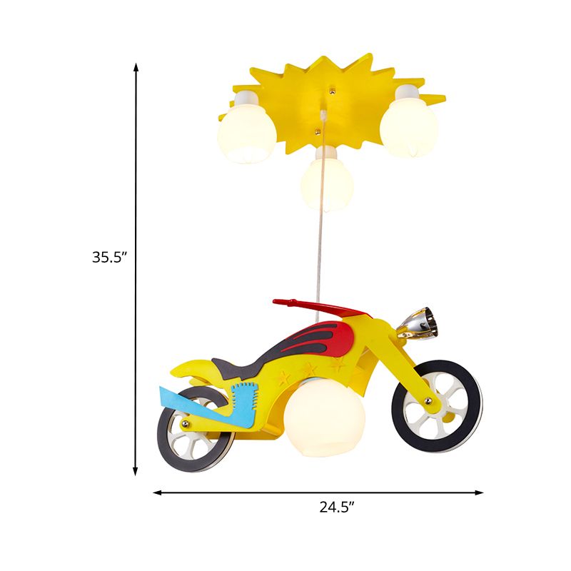 Kids 4 Lights Cluster Pendant Lamp Yellow Motorbike Ceiling Hang Fixture with White Glass Shade