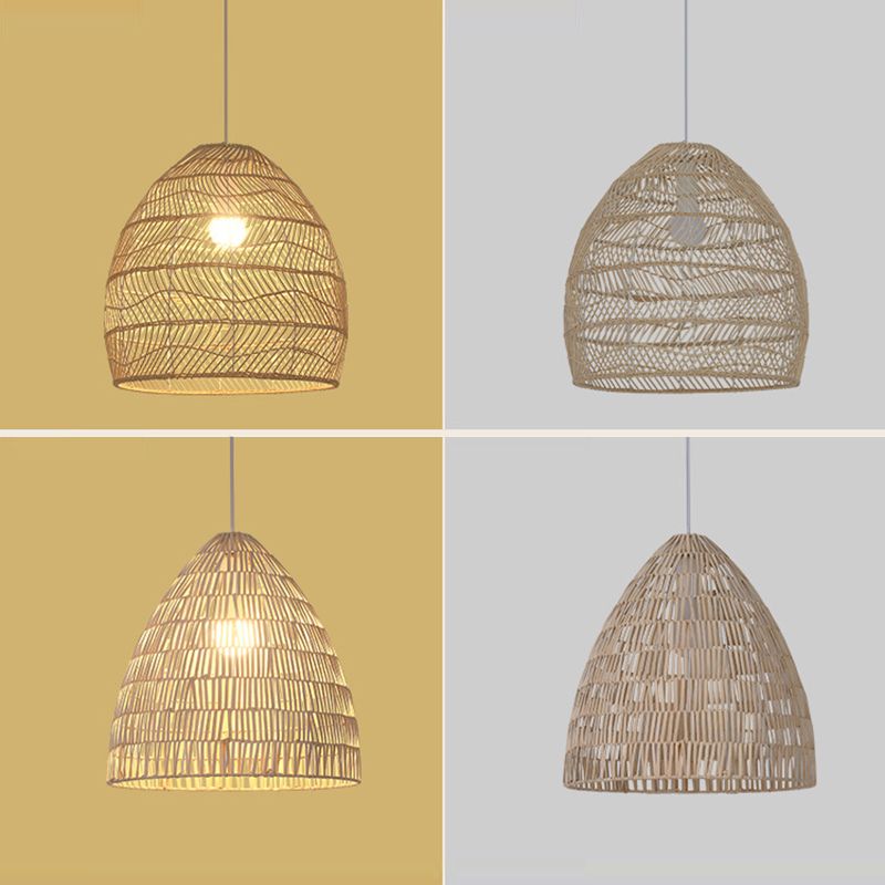 Handwoven Dome Pendant Light Fixture Chinese Rattan Fiber 1-Light Ceiling Light for Dining Table