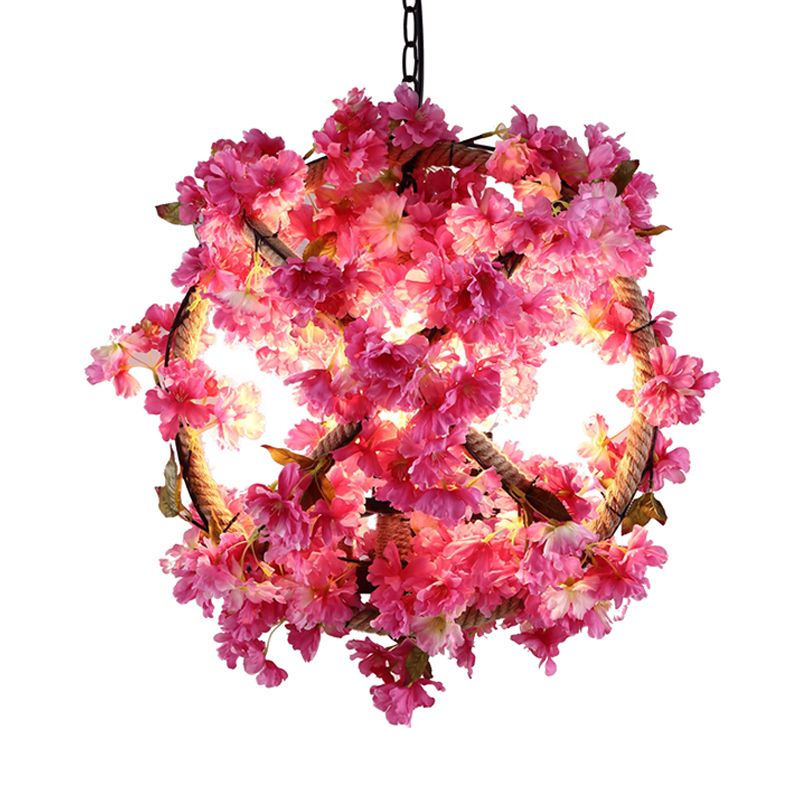 Pink Ball Pendant Light Retro Metal 1 Head Restaurant LED PLADIER LED avec décoration de fleur, 14 "/ 18" /19,5 "Dia