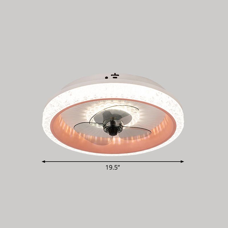 19.5" Wide Round LED Semi Flush Mounted Light Macaron Acrylic Dining Room 3-Blade Ceiling Fan Lamp, Remote Control