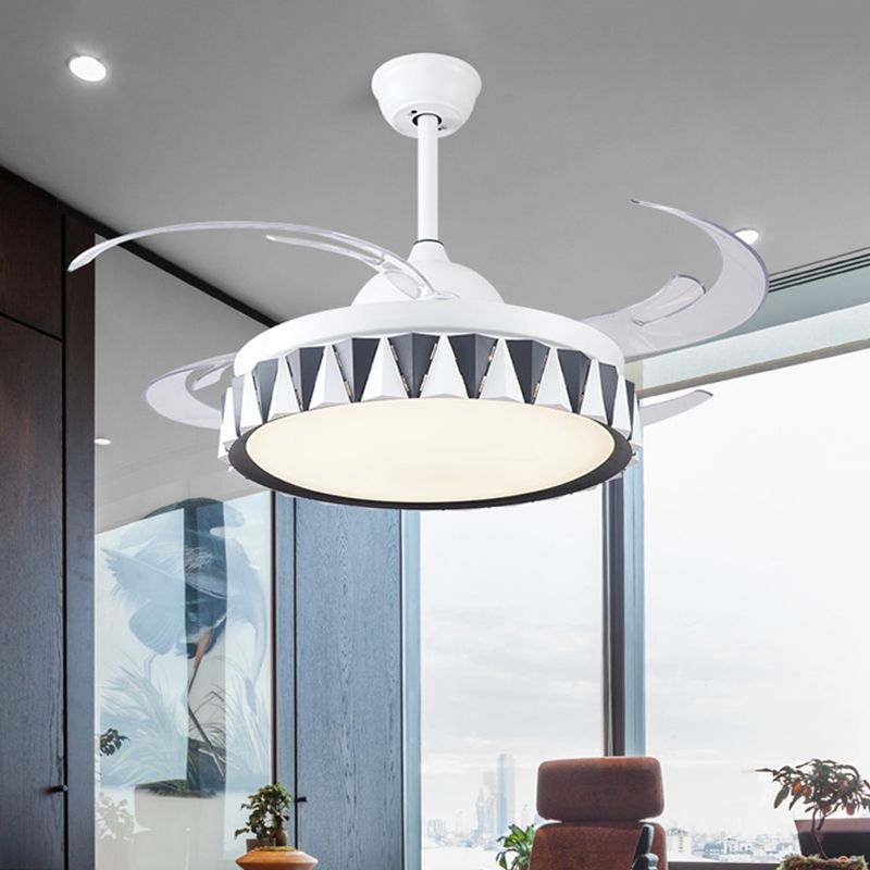 Kids Drum Pendant Fan Lighting Metallic Bedroom 4 Blades LED Semi Flushmount in White with Acrylic Shade, 47" W