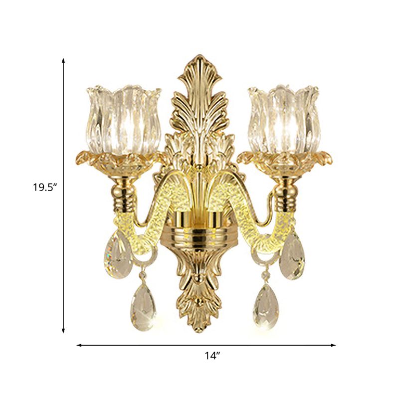 2-Light Wall Mounted Lighting Vintage Flower Bud Clear Carved Glass Wall Lamp Kit in Gold