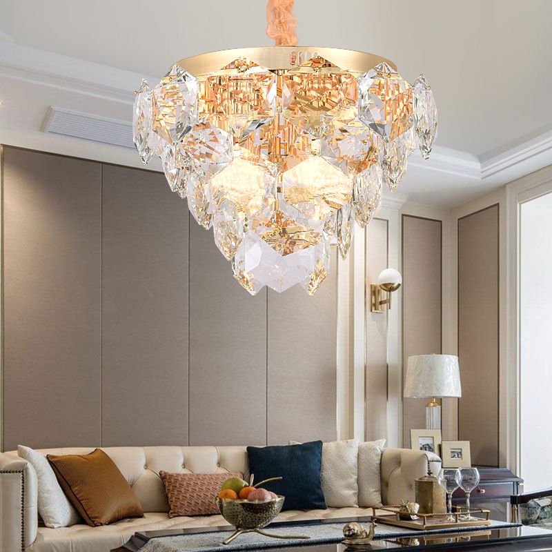 Multi Layer Hanging Ceiling Light with Faceted Crystal Modern 14 Lights Pendant Lamp in Gold for Living Room