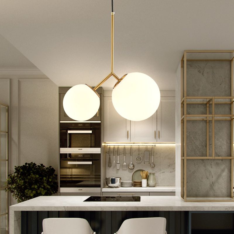 Gold Spherical Chandelier Light Modernity 2 Bulbs Milky Glass Suspension Pendant for Dining Room