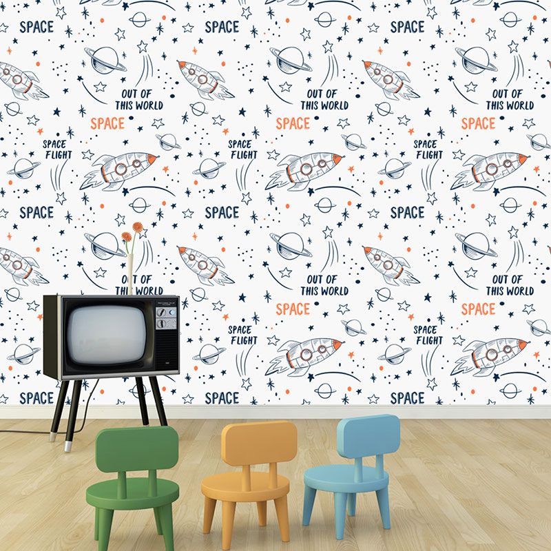 Stain-Resistant Cartoon Rocket Wallpaper 29.1 sq ft. Minimalist Children's Bedroom Wall Art for Kid's Bedroom Decoration