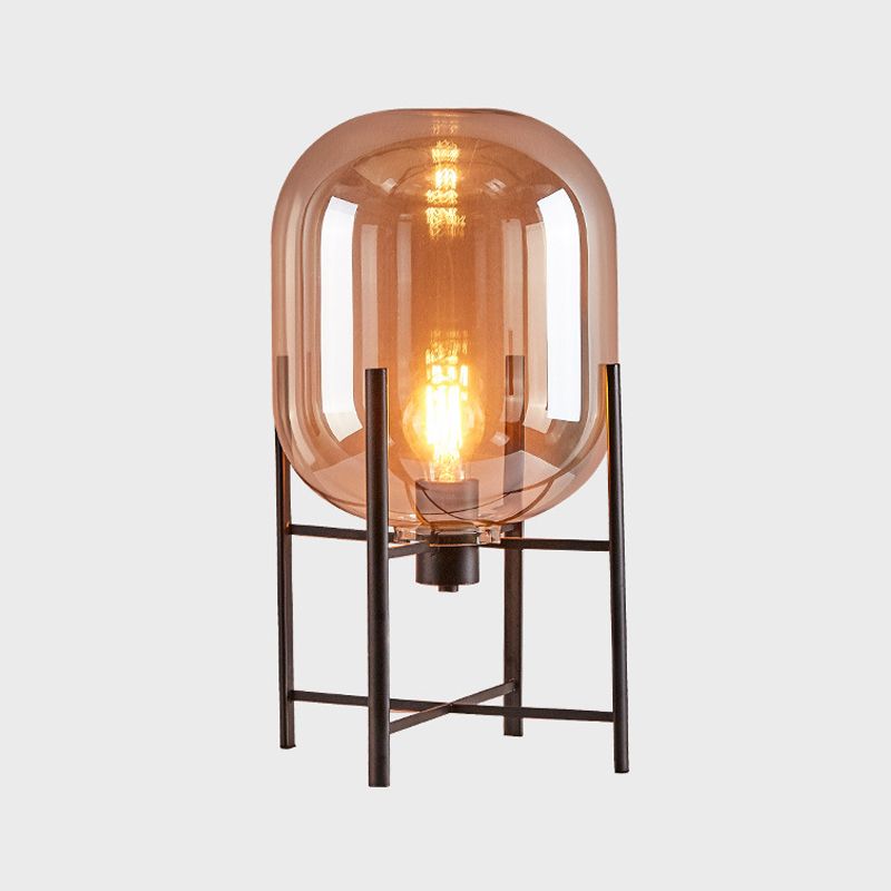 Oval Night Lighting Modern Smoke Gray/Cognac Glass Shade 1-Light Restaurant Nightstand Lamp with Vertical Metal Base