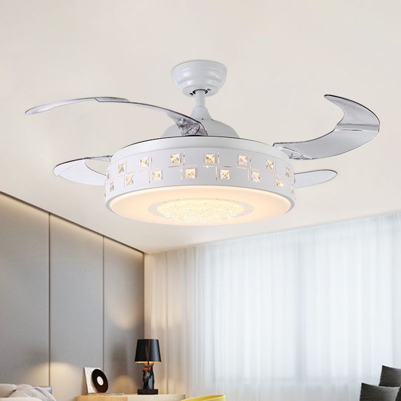 42" Wide Modern Drum Semi Flush Light LED Metal 4 Blades Pendant Fan Lamp in White, Remote/Wall Control/Frequency Conversion and Remote Control