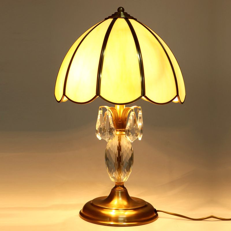 1 Light Beige Glass Table Lighting Classic Gold Dome Bedroom Night Lamp with Clear Crystal Accent