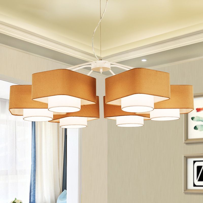 Nordic 2 Shades Fabric Chandelier Pendant 6 Heads Hanging Light Fixture in Brown over Table