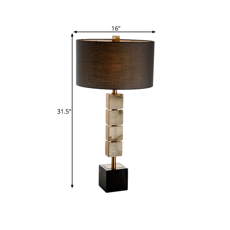 Drum Fabric Table Lighting Modernism 1-Light Brown Desk Lamp with Cube Marble Base