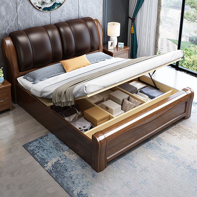 84.65 inch Wide Traditional Bed Frame Walnut Bed with Upholstered Headboard