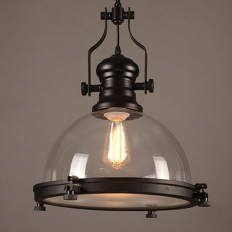 Zwarte kom hanglamp industrieel vintage 1 licht helder glazen eetkamer plafond hanglampje