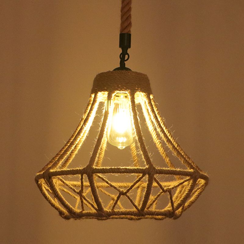 Flaxen Caged Ceiling Light Industrial Hemp Rope Single Restaurant Hanging Pendant Light