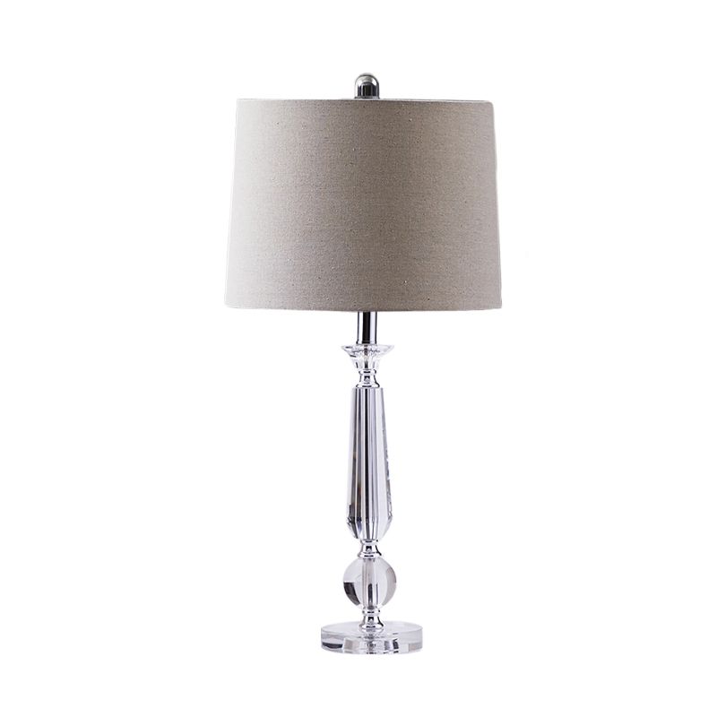 1 Light Drum Night Table Lamp Traditionalism White/Brown/Beige Fabric Nightstand Light for Bedroom with Crystal Base