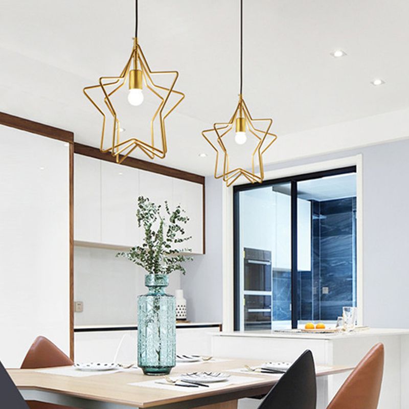 Lampada a soffitto a bulbo singolo Vintage Star Cage Metal Hanging Light in oro per sala da pranzo