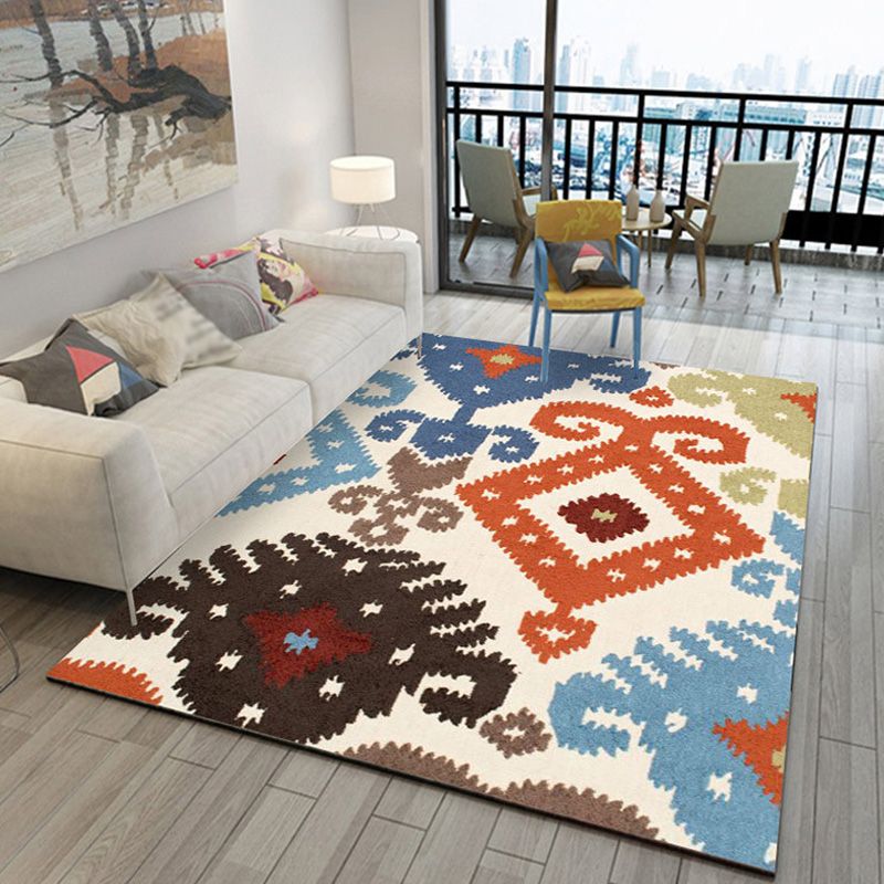 Retro Azulejo Pattern Rug Multicolor Polyester Rug Washable Pet Friendly Anti-Slip Carpet for Living Room