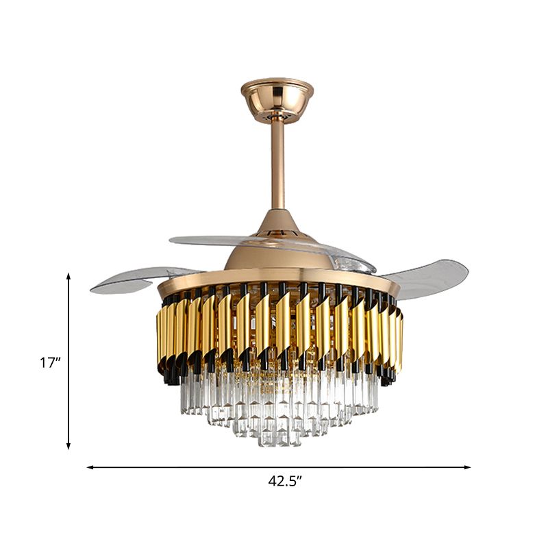 Layered Crystal Black/Gold Ceiling Fan Tapered Drum 3-Blade Postmodern LED Semi Flush Light, 42.5" Width