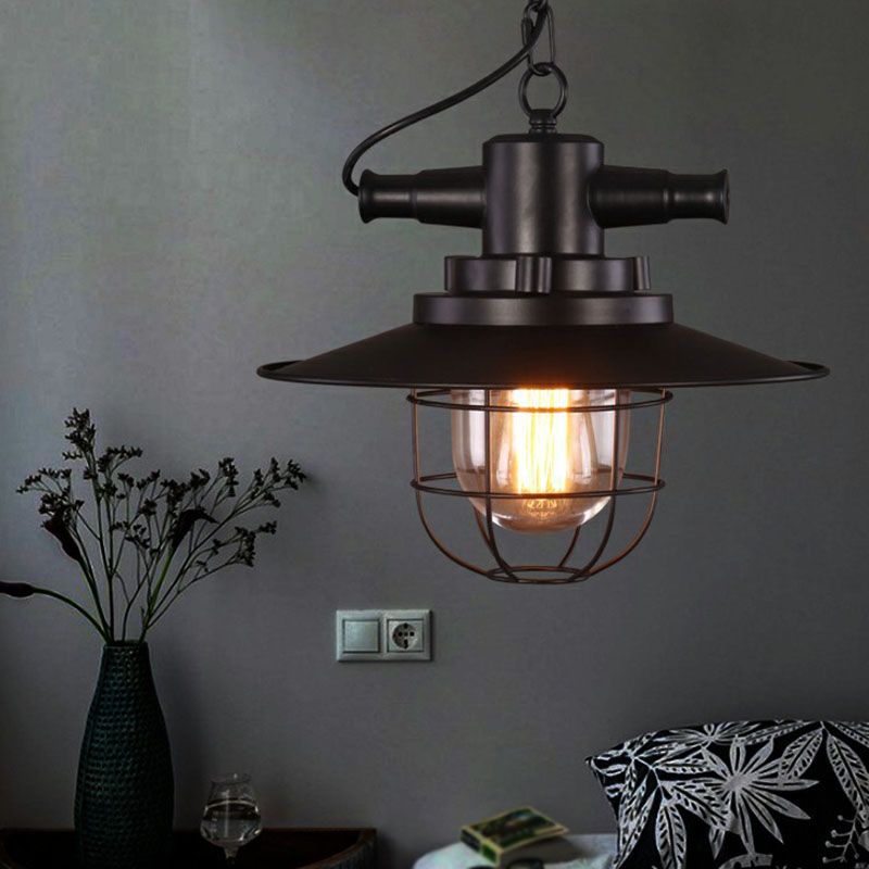 Pot Lid Iron Pendant Light Antique 1-Light Restaurant Hanging Light Fixture in Black