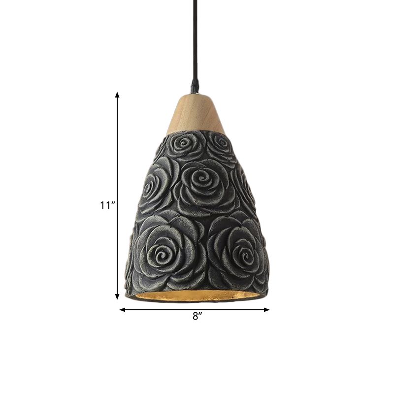 1 Light Pendant Ceiling Light Industrial Cone Cement Hanging Lamp Fixture in Black with Rose Pattern