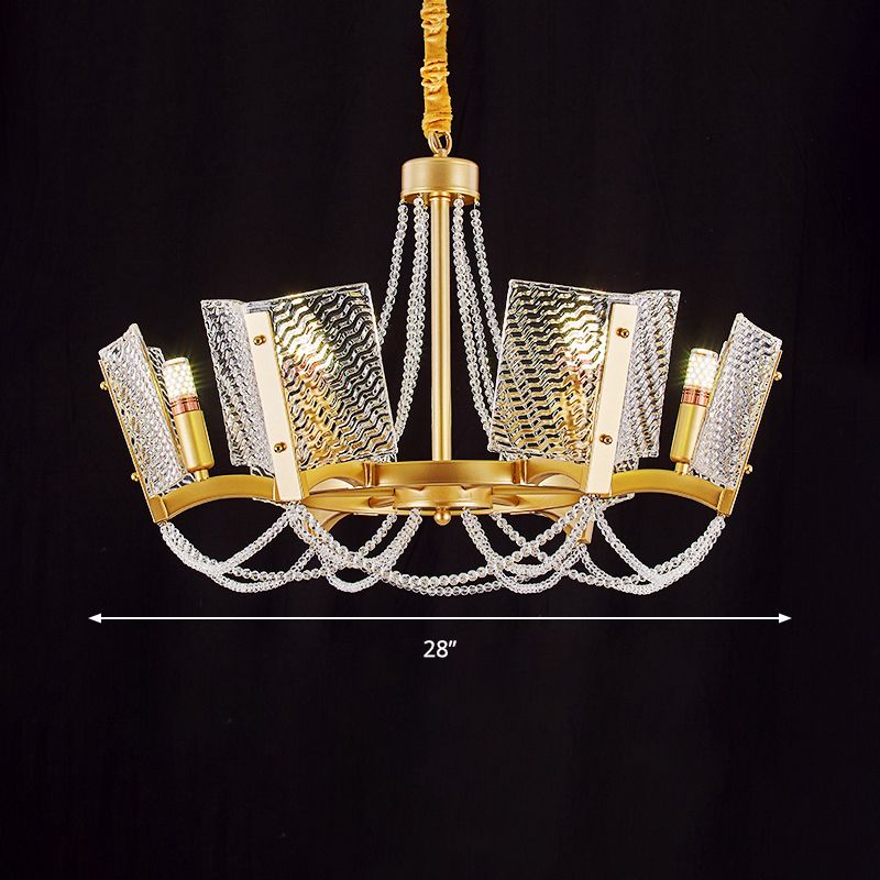 Simplicity Beaded Pendant Chandelier Crystal 6/8 Heads Living Room Hanging Lamp Kit in Brass with Panel Shade