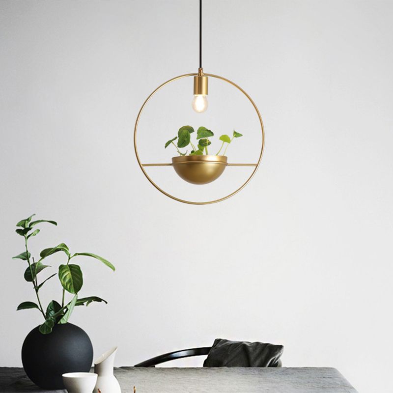 Gold Loop and Dome Pendant Lamp Industrial Metal 1-Head Dining Room Suspension Light with Artificial Lysimachia