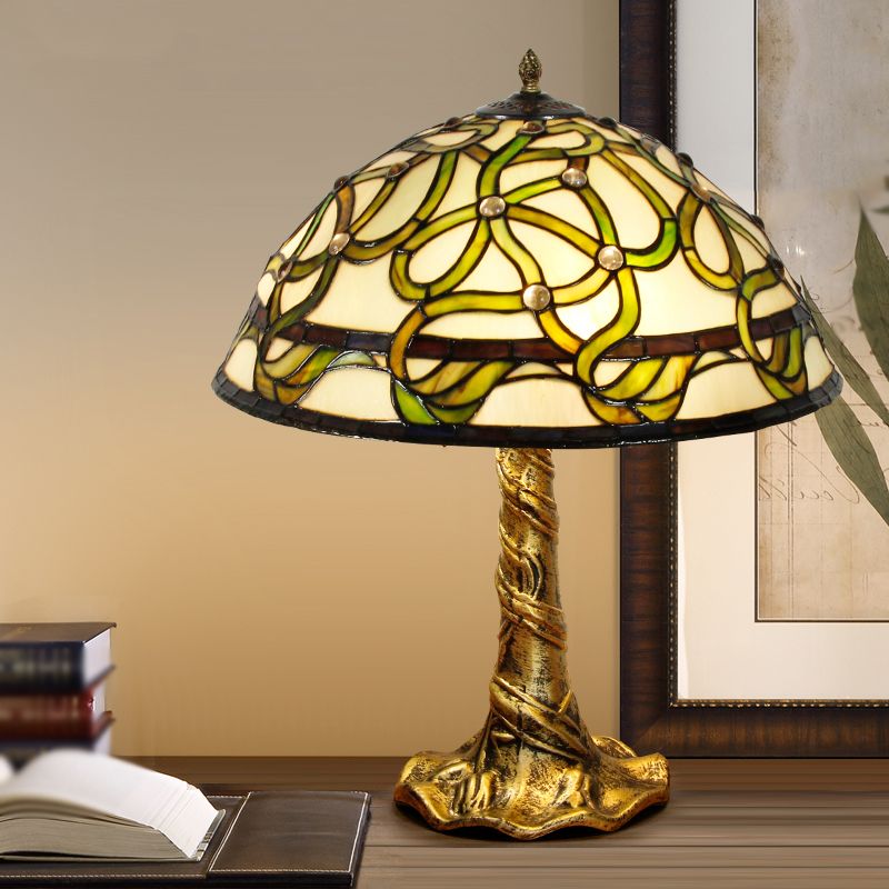 Bowl Hand-Cut Stained Glass Table Light Baroque 1 Bulb Brass Night Lamp with Pull Chains