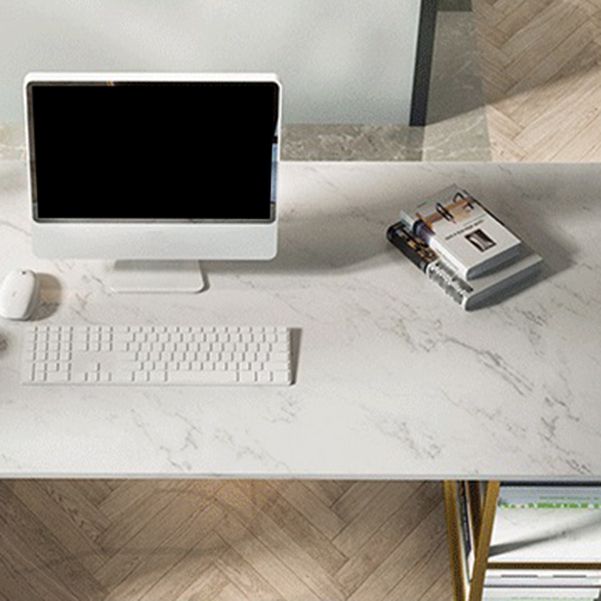 Glam Style Computer Desk Marble Rectangular Office Desk With Storage Shelf