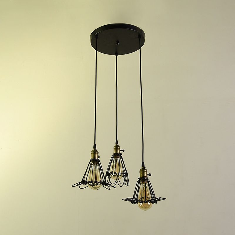 Wire Frame Metal Pendant Light Vintage Industrial 3 Bulbs Farmhouse Hanging Lamp with Petal Design in Black