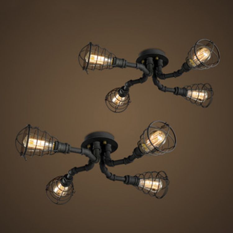 Industrial Retro Cage shape Ceiling Lamp Water Pipe Iron Flush Mount for Bar