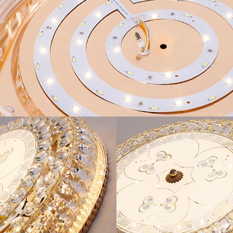 LED Drum Flush Light Modernism Clear Crystal Ceiling Light Fixture with Glass Diffuser and Flower/Butterfly Pattern in Gold