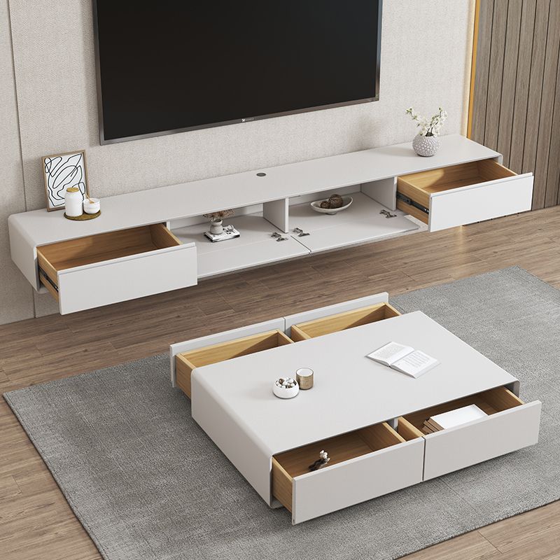 Modern White TV Console Wall Mounted Wood Media Console with Drawers