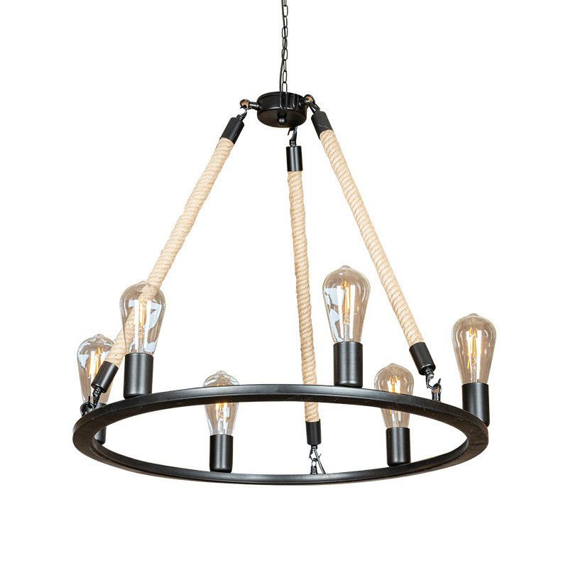 6-Head Bare Bulb Design Wheel Chandelier Loft Style Black Iron Hanging Lamp with Rope Cord