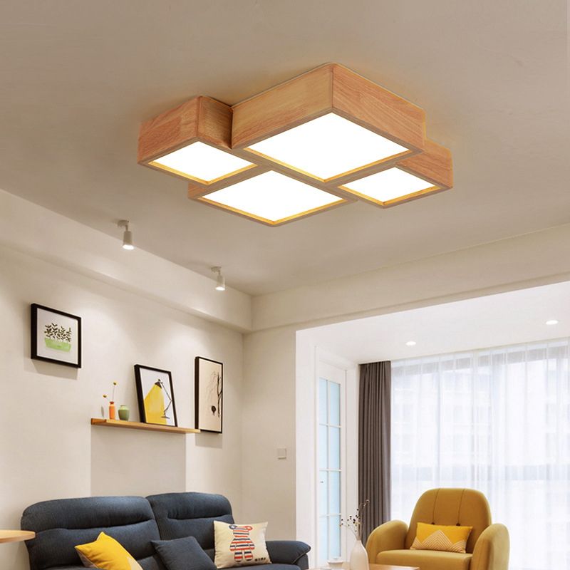 Modern Style Square Shape Flush Mount 4-Lights Wood Ceiling Light for Bedroom