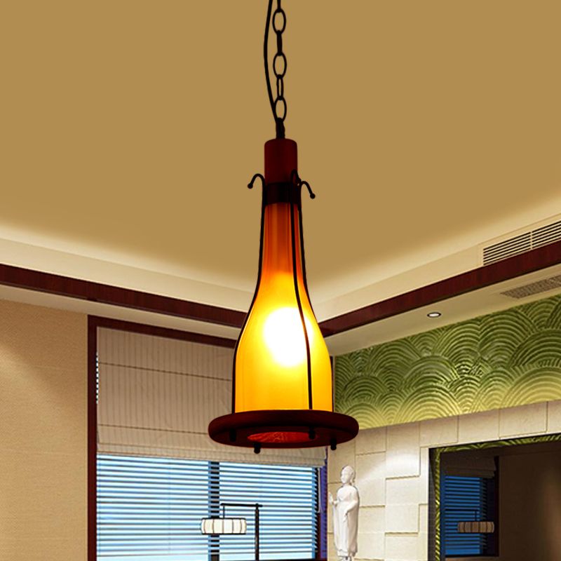 Brown 1 Head Ceiling Pendant Warehouse Yellow Glass Bottle Hanging Light Kit with Wood Tray Design