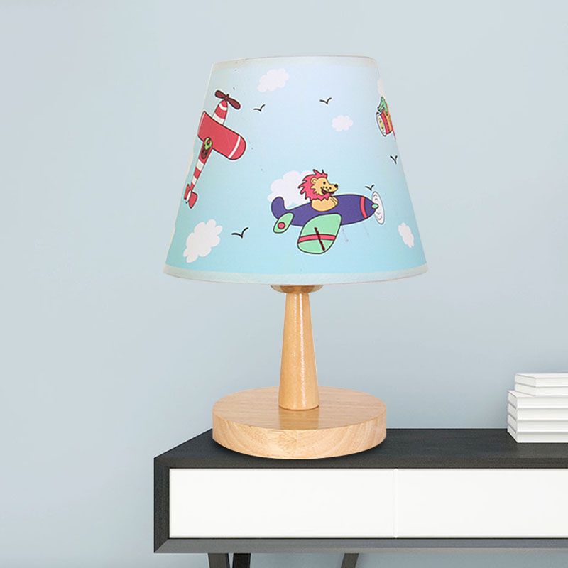 Fabric Conical Table Lamp Cartoon 1 Head Wood Nightstand Light with Airplane/Elephant/Bear Pattern for Bedroom