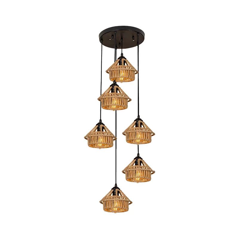 3/6-Light Mini House Multi Pendant Cottage Brown Hand Worked Rope Hanging Light Fixture, Round/Linear Canopy