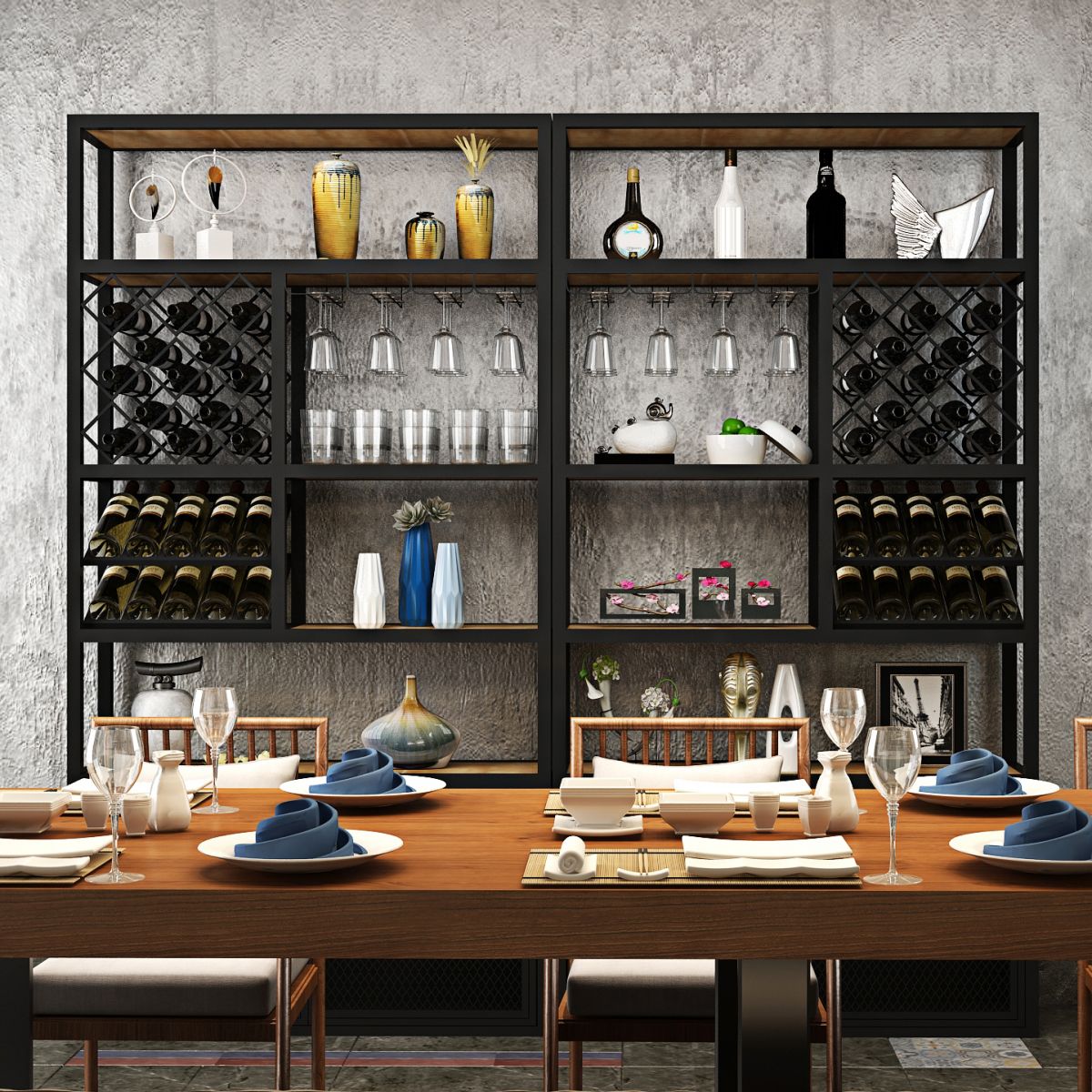 Iron Freestanding Wine Bottle & Glass Rack Modern Wine Rack with Shelf