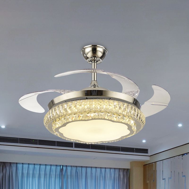 Ronde kristal spoelventilator met 4 bladen Minimalistische woonkamer 42,5 "W LED Semi Flush Light in zilver