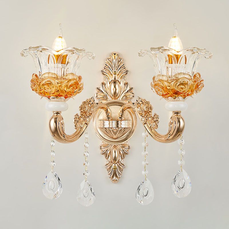 Living Room Chandelier Lamp Simple Gold Suspension Light Fixture with Floral Clear Glass Shade