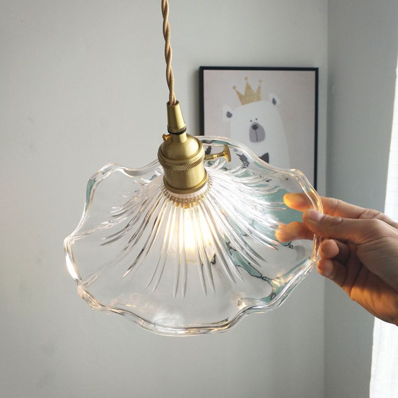 Vintage Scalloped Hanging Light with Textured Glass Shade 1 Light Pendant Lamp in Polished Brass