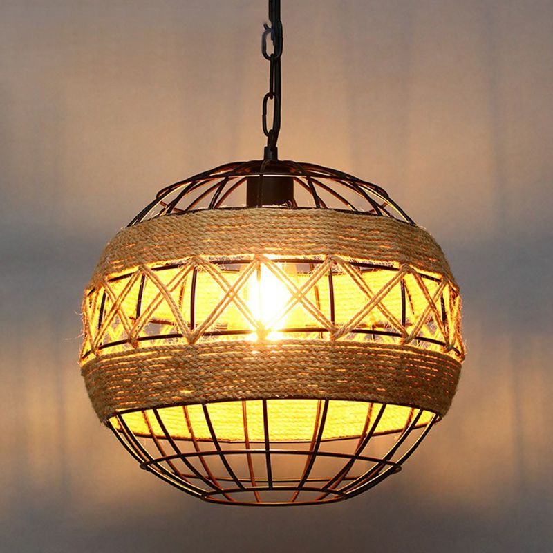 Wrapped Hemp Rope Hanging Lamp Vintage Single-Bulb Restaurant Lighting Pendant in Brown