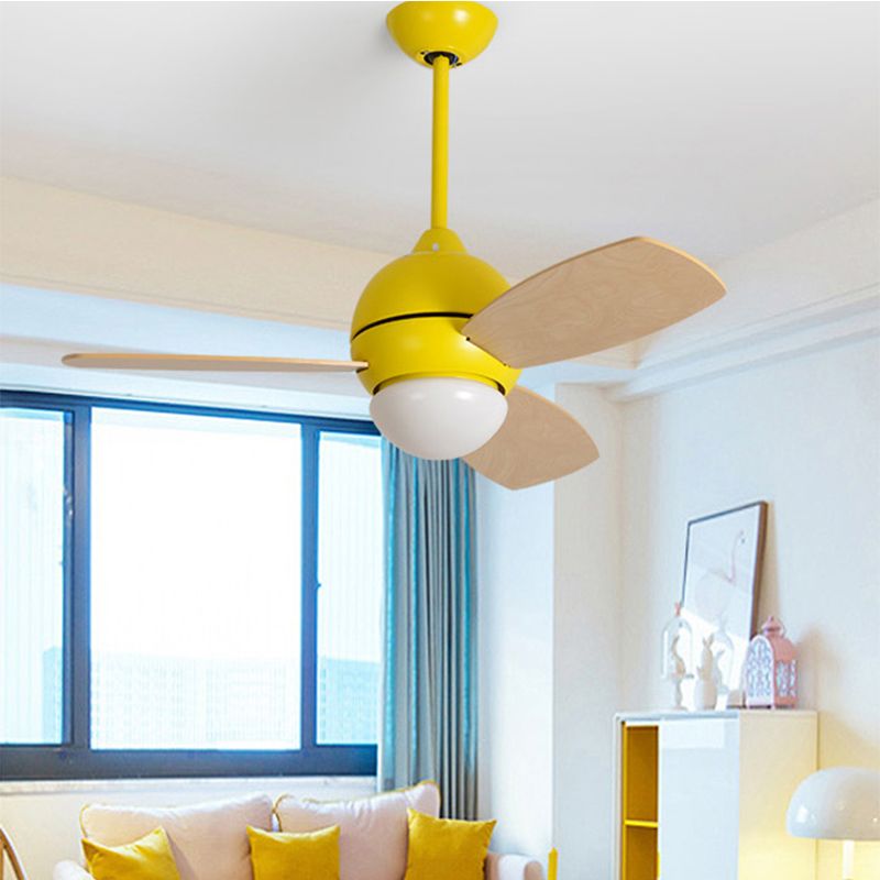 Modernist Bowl Metal Fan Light LED Semi-Flush Mount in Pink/Yellow/Green with 3 Wood Blades for Living Room, 34" Width