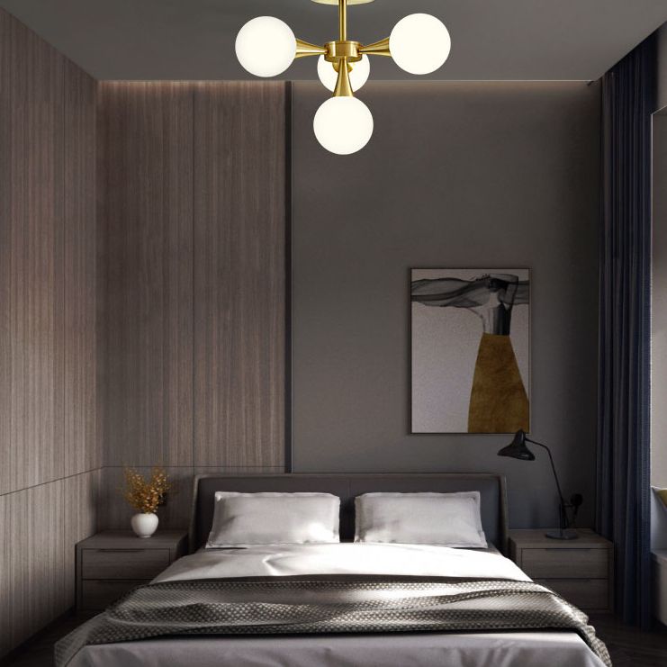 Global Semi Flush Ceiling Light Minimalist Opal Glass Bedroom Flush Light in Brass