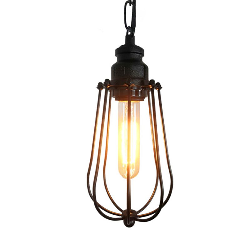 1 Light Bedroom Ceiling Fixture Vintage Black/Rust Pendant Lamp with Caged Metal Shade