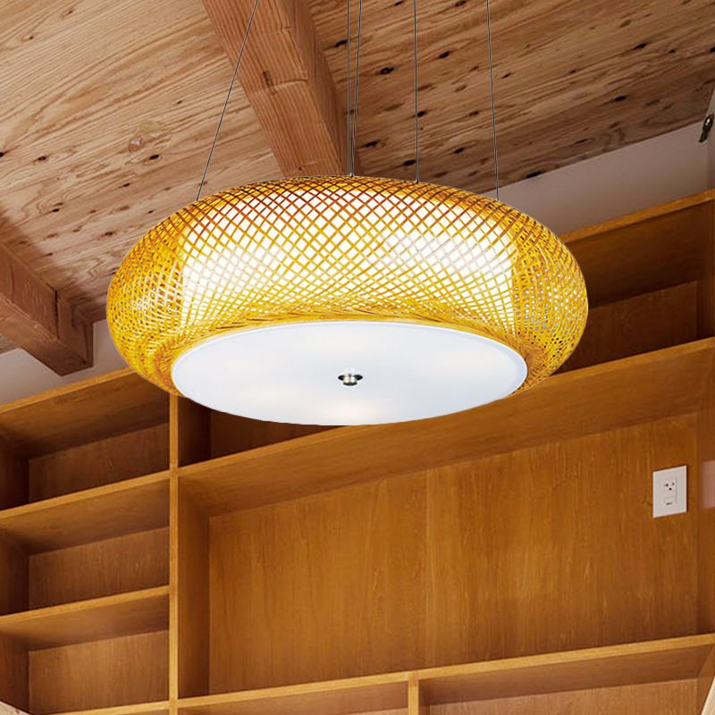 Brown/Wood Hand-Worked Hanging Light with Drum Shade Asian 1 Light Bamboo Suspension Lamp for Dining Room