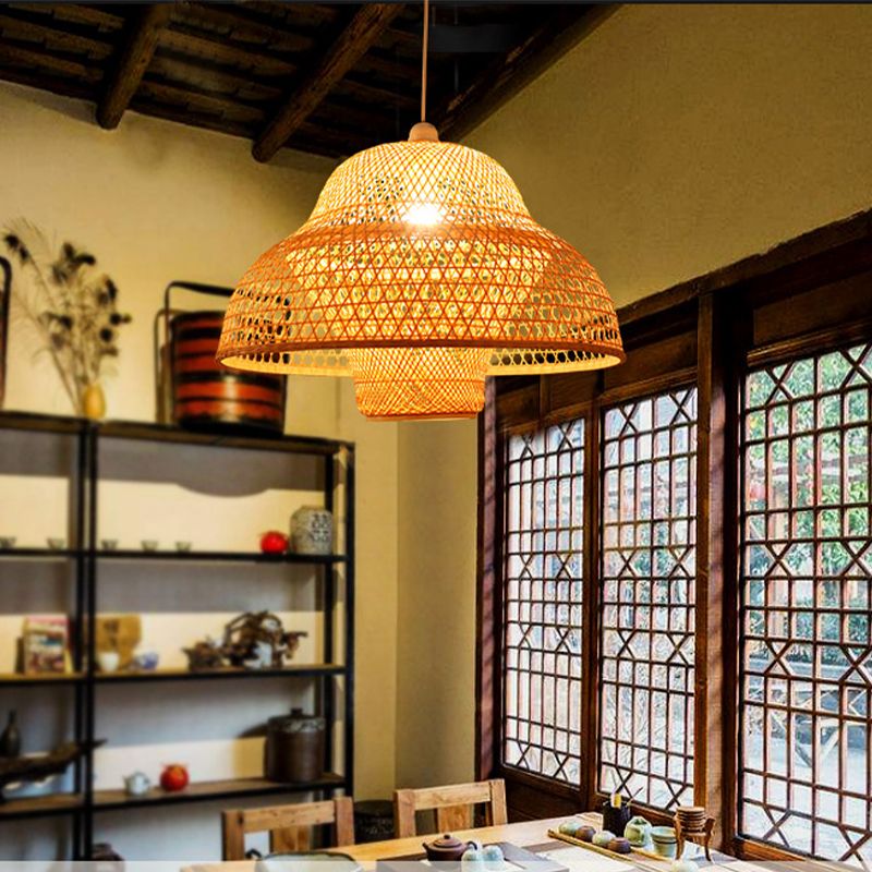 1 Bulb Handmade Pendant Lighting Traditional Bamboo Hanging Light Fixture in Wood