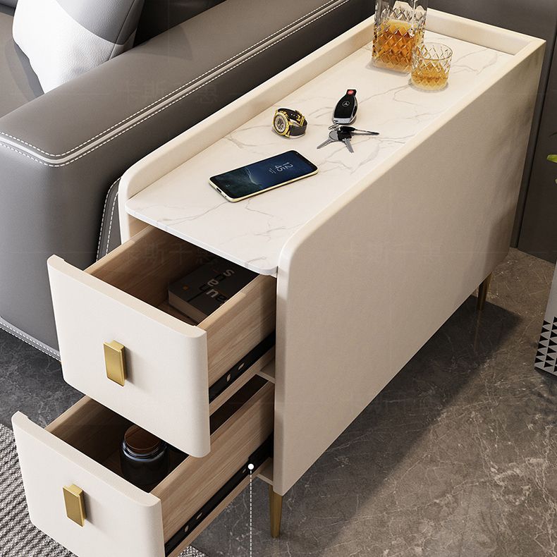 Modern Style White Rectangular Side Table with Storage and Shelf